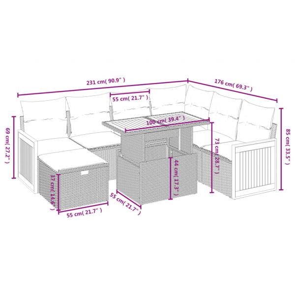 8-tlg. Garten-Sofagarnitur mit Kissen Grau Poly Rattan