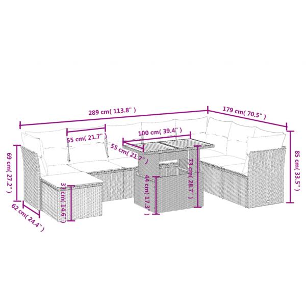 9-tlg. Garten-Sofagarnitur mit Kissen Grau Poly Rattan