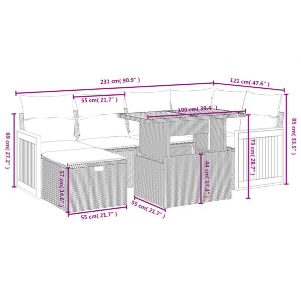 7-tlg. Garten-Sofagarnitur mit Kissen Grau Poly Rattan