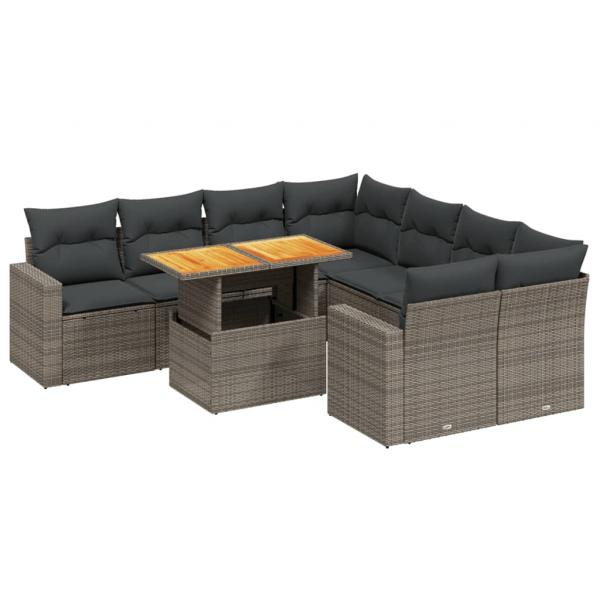 9-tlg. Garten-Sofagarnitur mit Kissen Grau Poly Rattan