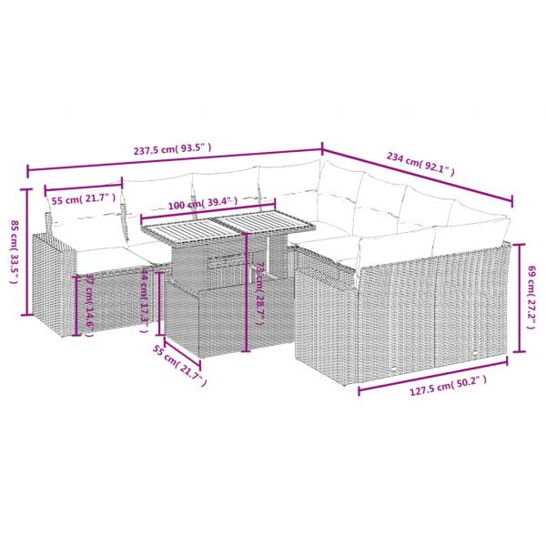 9-tlg. Garten-Sofagarnitur mit Kissen Grau Poly Rattan