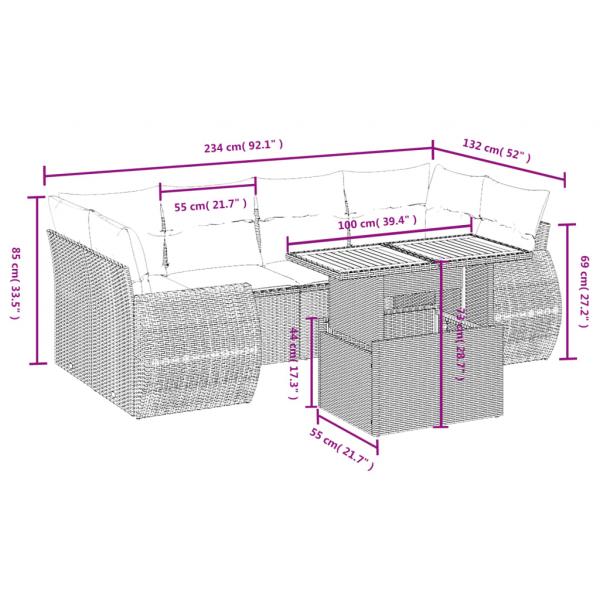 7-tlg. Garten-Sofagarnitur mit Kissen Grau Poly Rattan