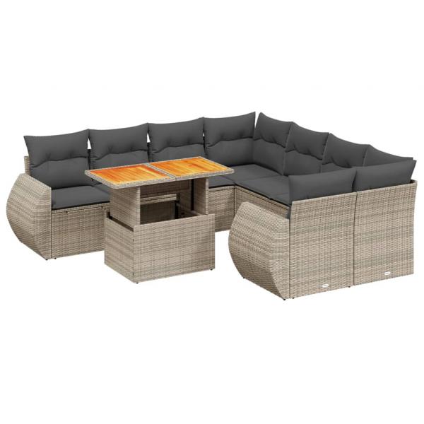 9-tlg. Garten-Sofagarnitur mit Kissen Grau Poly Rattan