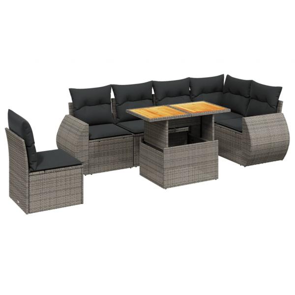 7-tlg. Garten-Sofagarnitur mit Kissen Grau Poly Rattan