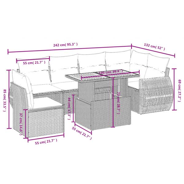 7-tlg. Garten-Sofagarnitur mit Kissen Grau Poly Rattan