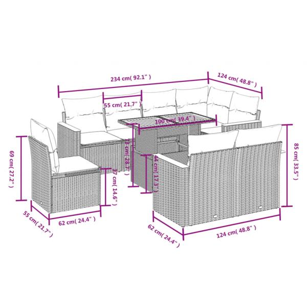 9-tlg. Garten-Sofagarnitur mit Kissen Grau Poly Rattan