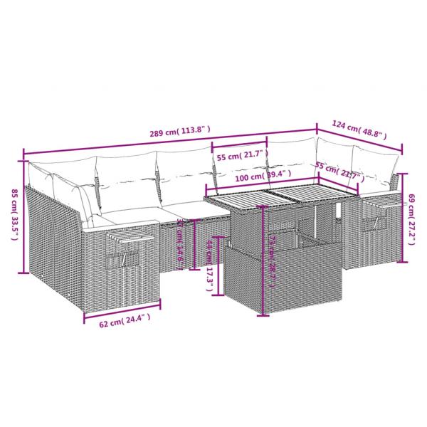 8-tlg. Garten-Sofagarnitur mit Kissen Grau Poly Rattan