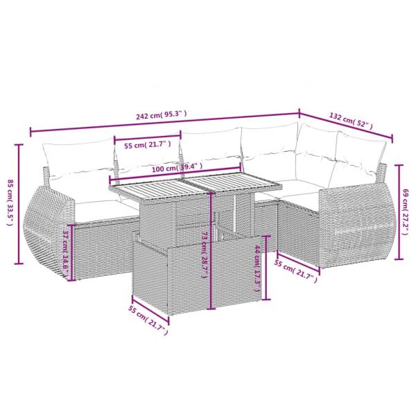 6-tlg. Garten-Sofagarnitur mit Kissen Grau Poly Rattan