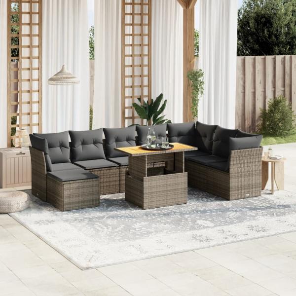 ARDEBO.de - 9-tlg. Garten-Sofagarnitur mit Kissen Grau Poly Rattan