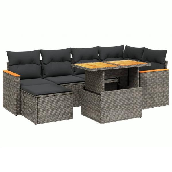 7-tlg. Garten-Sofagarnitur mit Kissen Grau Poly Rattan