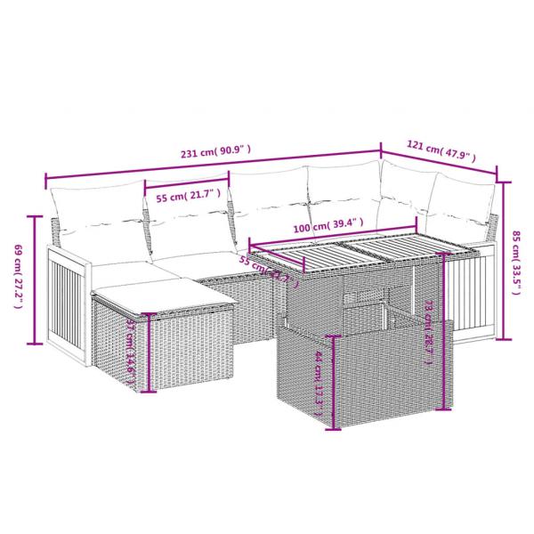 7-tlg. Garten-Sofagarnitur mit Kissen Grau Poly Rattan