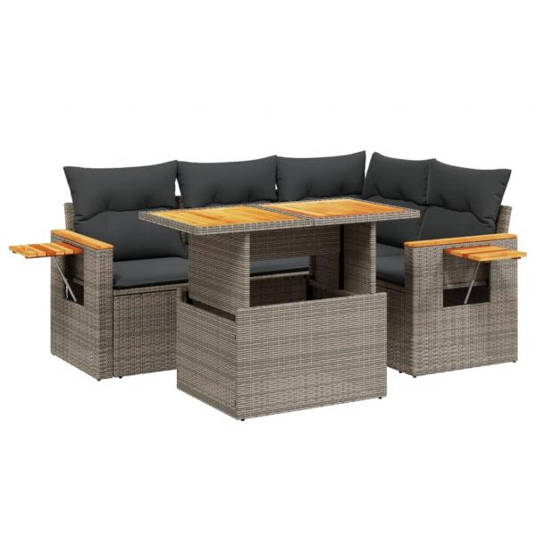 5-tlg. Garten-Sofagarnitur mit Kissen Grau Poly Rattan