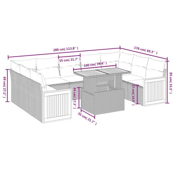 10-tlg. Garten-Sofagarnitur mit Kissen Grau Poly Rattan