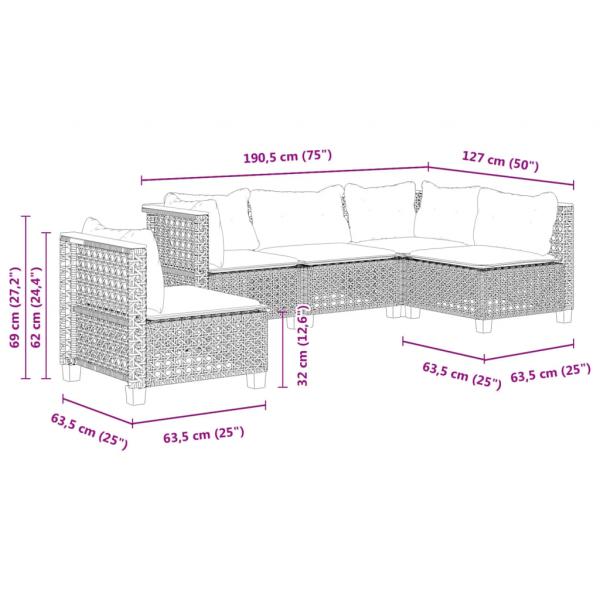 5-tlg. Garten-Sofagarnitur mit Kissen Schwarz Poly Rattan