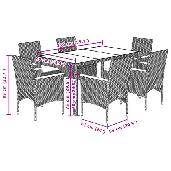 7-tlg. Garten-Essgruppe mit Kissen Schwarz Poly Rattan Glas