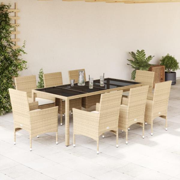 ARDEBO.de - 9-tlg. Garten-Essgruppe mit Kissen Beige Poly Rattan Glas