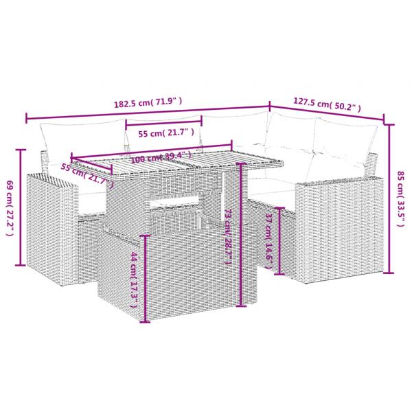 5-tlg. Garten-Sofagarnitur mit Kissen Grau Poly Rattan