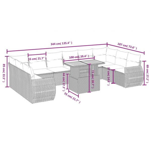 11-tlg. Garten-Sofagarnitur mit Kissen Grau Poly Rattan