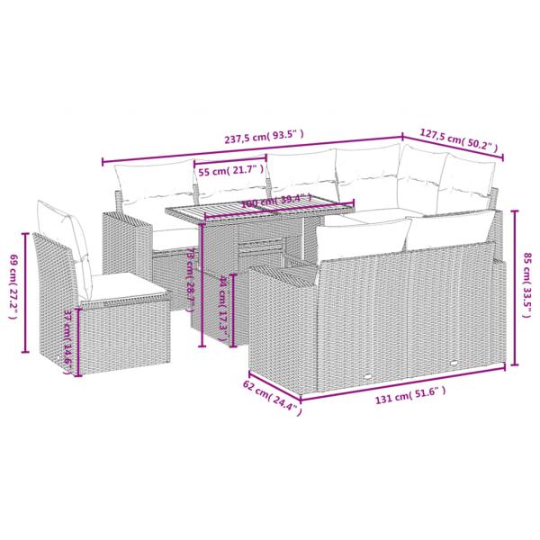 9-tlg. Garten-Sofagarnitur mit Kissen Grau Poly Rattan