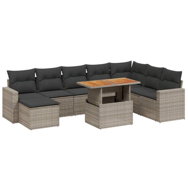 9-tlg. Garten-Sofagarnitur mit Kissen Grau Poly Rattan