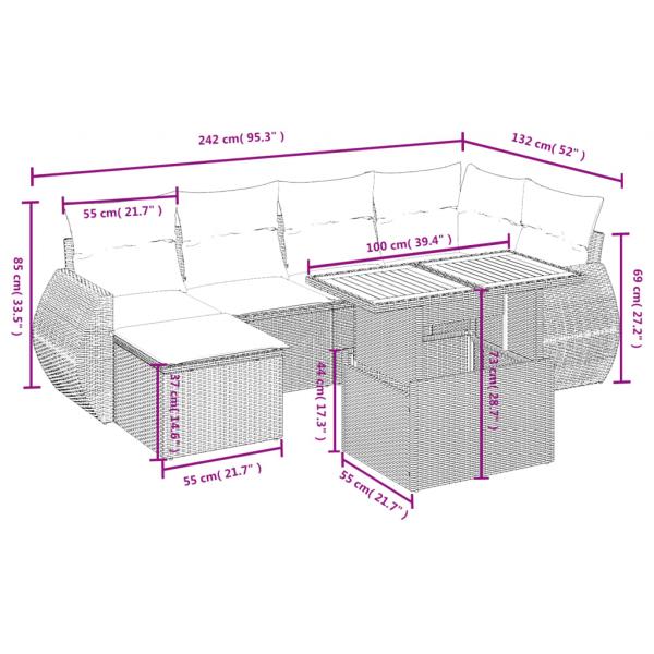 7-tlg. Garten-Sofagarnitur mit Kissen Grau Poly Rattan