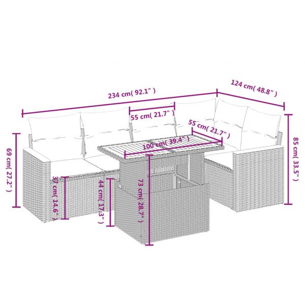 6-tlg. Garten-Sofagarnitur mit Kissen Grau Poly Rattan