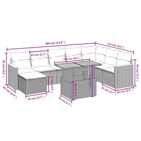 9-tlg. Garten-Sofagarnitur mit Kissen Grau Poly Rattan