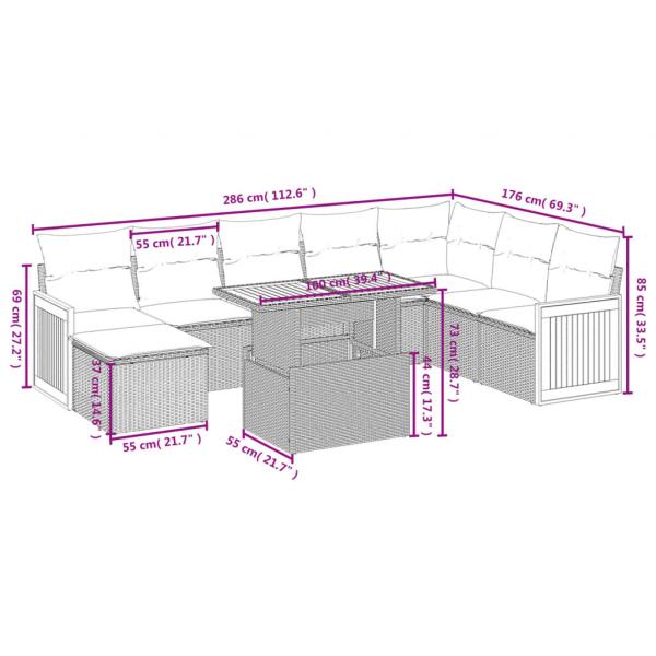 9-tlg. Garten-Sofagarnitur mit Kissen Grau Poly Rattan