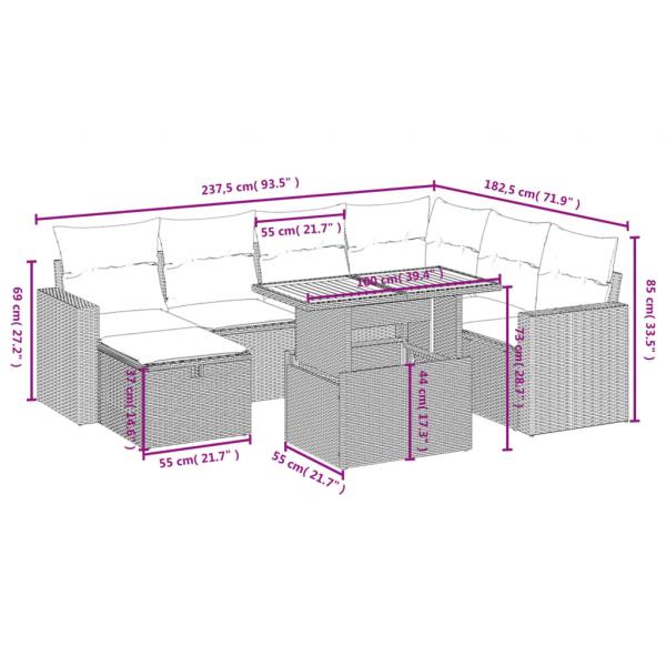 8-tlg. Garten-Sofagarnitur mit Kissen Grau Poly Rattan