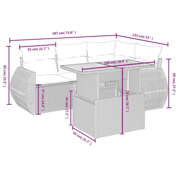 5-tlg. Garten-Sofagarnitur mit Kissen Grau Poly Rattan