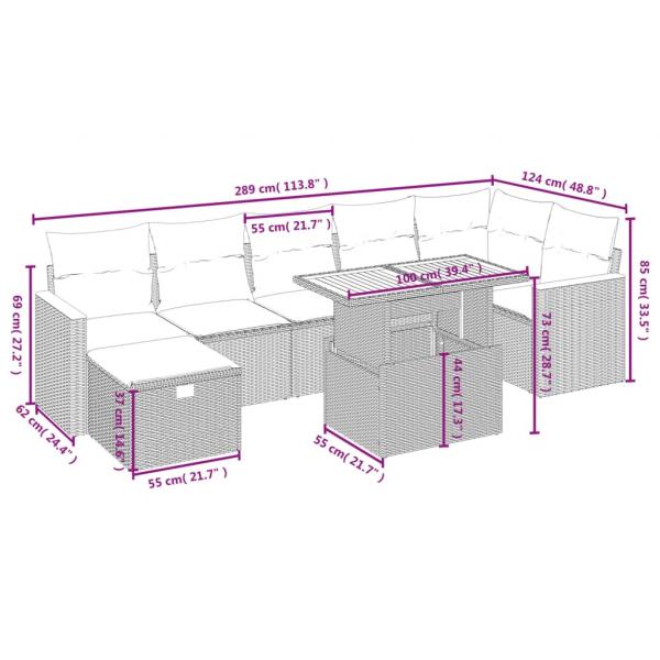 8-tlg. Garten-Sofagarnitur mit Kissen Grau Poly Rattan