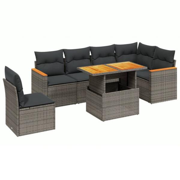 7-tlg. Garten-Sofagarnitur mit Kissen Grau Poly Rattan