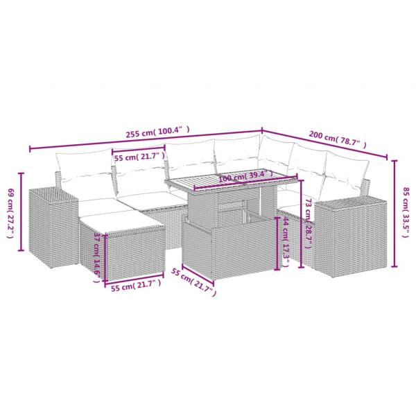 8-tlg. Garten-Sofagarnitur mit Kissen Grau Poly Rattan