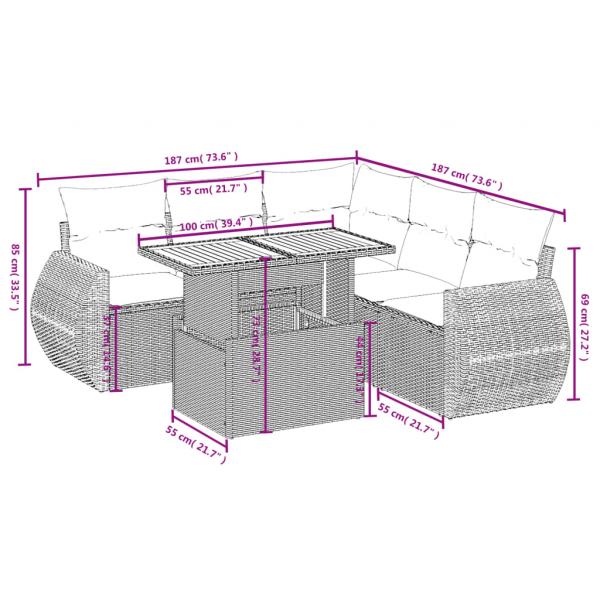 6-tlg. Garten-Sofagarnitur mit Kissen Grau Poly Rattan