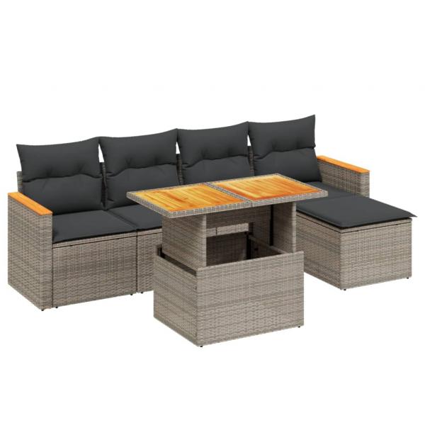 6-tlg. Garten-Sofagarnitur mit Kissen Grau Poly Rattan