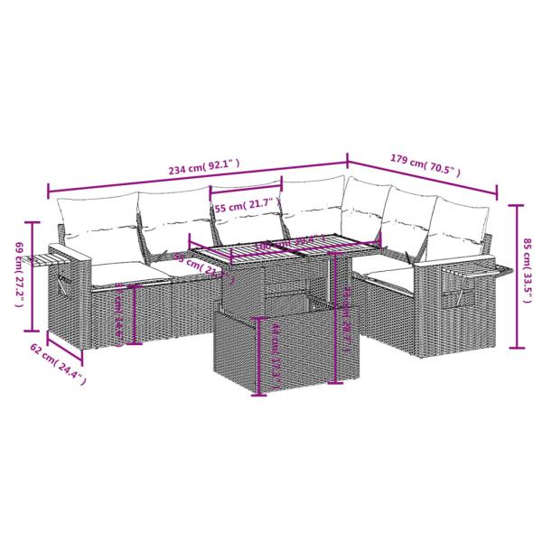 7-tlg. Garten-Sofagarnitur mit Kissen Grau Poly Rattan