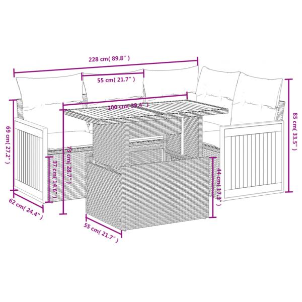 5-tlg. Garten-Sofagarnitur mit Kissen Grau Poly Rattan