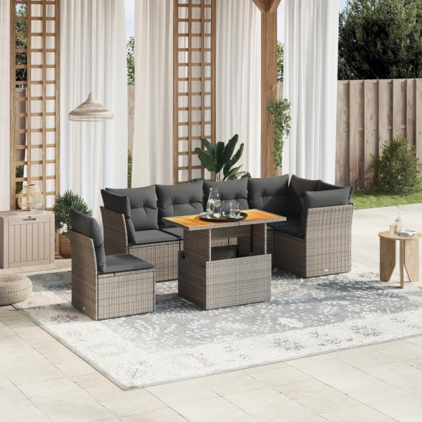 ARDEBO.de - 7-tlg. Garten-Sofagarnitur mit Kissen Grau Poly Rattan