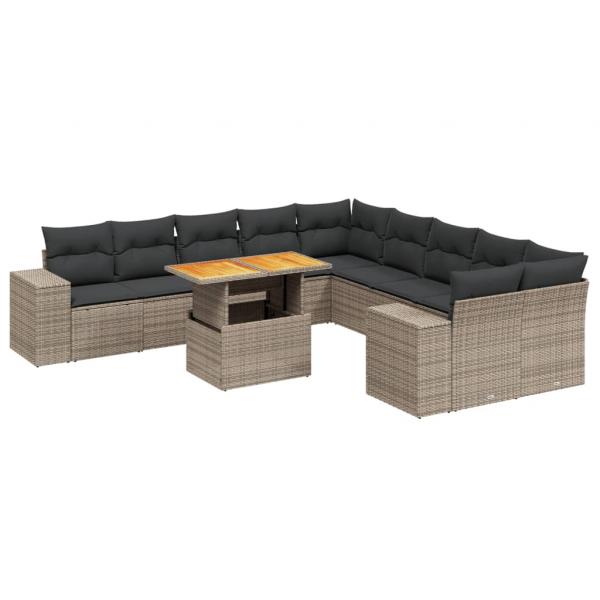 11-tlg. Garten-Sofagarnitur mit Kissen Grau Poly Rattan