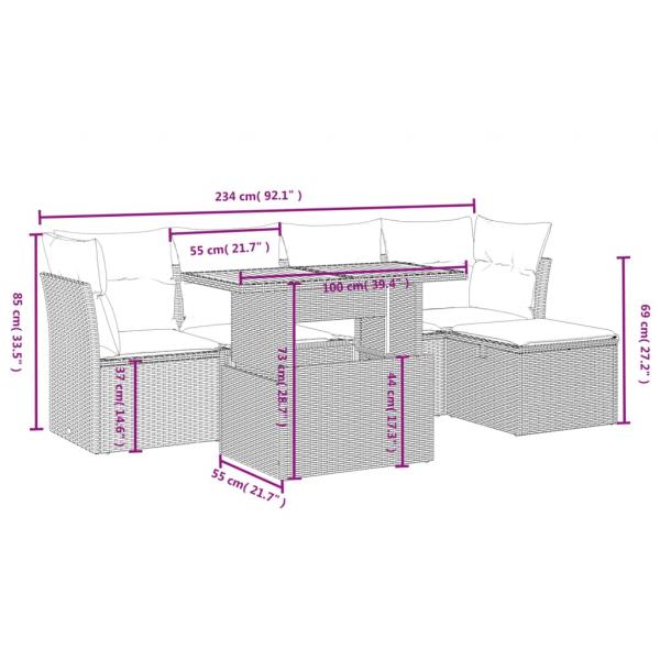 6-tlg. Garten-Sofagarnitur mit Kissen Grau Poly Rattan