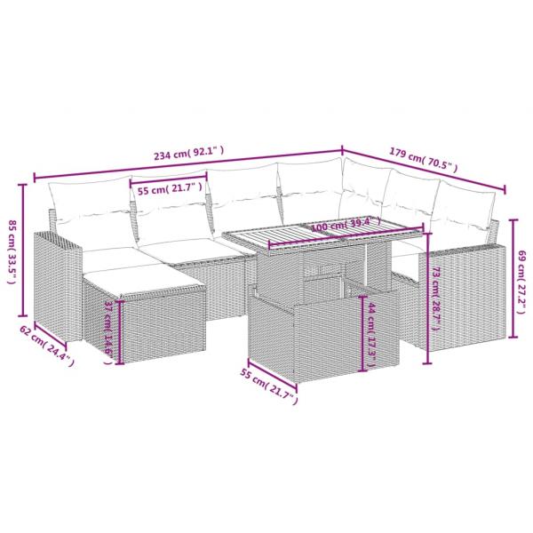 8-tlg. Garten-Sofagarnitur mit Kissen Grau Poly Rattan