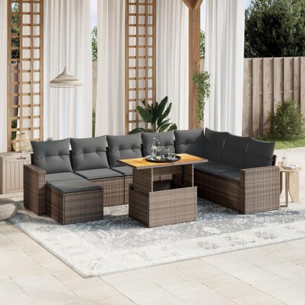 ARDEBO.de - 9-tlg. Garten-Sofagarnitur mit Kissen Grau Poly Rattan