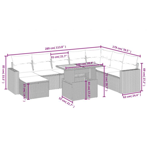 9-tlg. Garten-Sofagarnitur mit Kissen Grau Poly Rattan