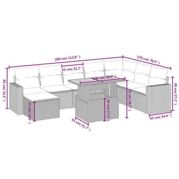 9-tlg. Garten-Sofagarnitur mit Kissen Grau Poly Rattan