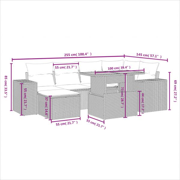 7-tlg. Garten-Sofagarnitur mit Kissen Grau Poly Rattan