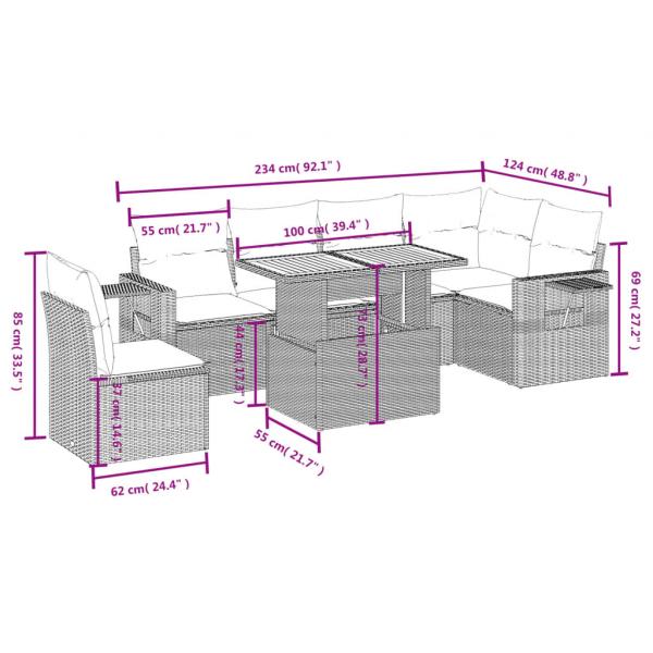 7-tlg. Garten-Sofagarnitur mit Kissen Grau Poly Rattan