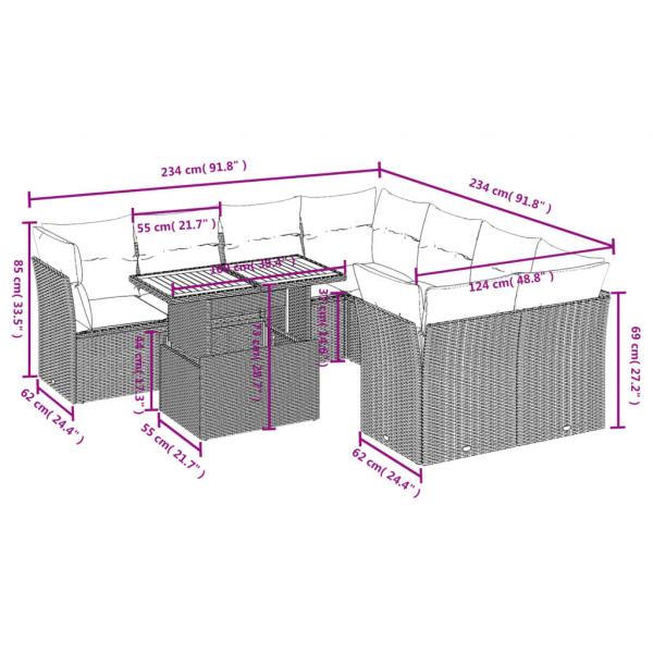 9-tlg. Garten-Sofagarnitur mit Kissen Grau Poly Rattan