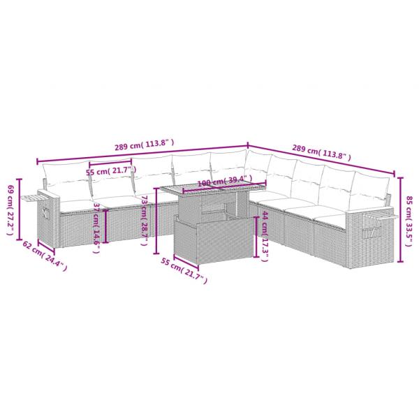 11-tlg. Garten-Sofagarnitur mit Kissen Grau Poly Rattan