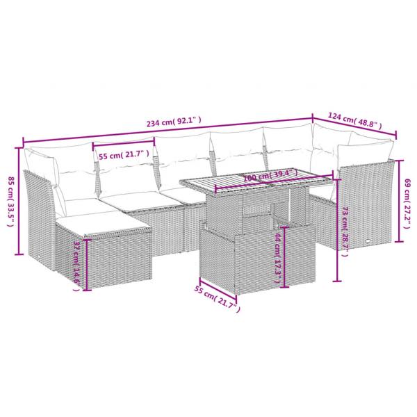 8-tlg. Garten-Sofagarnitur mit Kissen Grau Poly Rattan