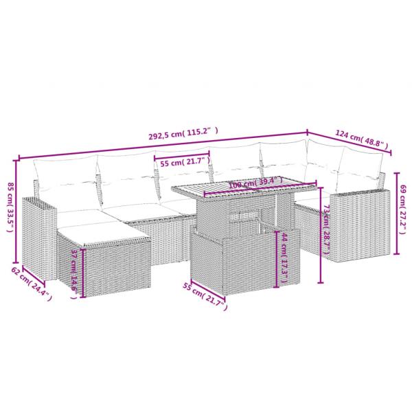 8-tlg. Garten-Sofagarnitur mit Kissen Grau Poly Rattan